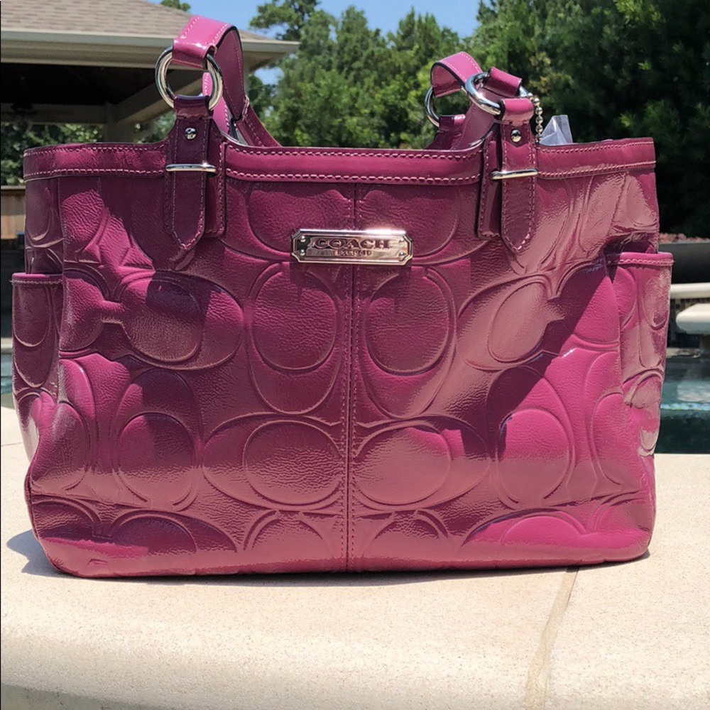 Coach Logo Embossed Dark Rose Patent Leather Tote